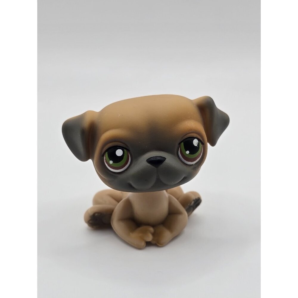 Littlest Pet Shop #1221 Tan Grey Pug Dog Authentic LPS Green Eyes Sitting